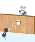 Tough As Nails Drawer Locks With Keys Two Pack Alloy Steel Cabinet Security shown with keys on a wood panel, 16mm hole for installation.