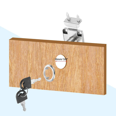 Tough As Nails Drawer Locks With Keys Two Pack Alloy Steel Cabinet Security shown with keys on a wood panel, 16mm hole for installation.
