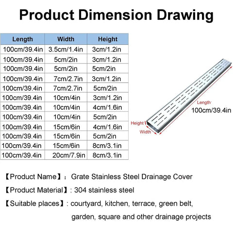 Outdoor Trench Drainage Kit For Pathways And Lawns Hidden Driveway And Courtyard Drainage System Fast Water Management With Perforated French Design Heavy Duty Concrete Trench Kit No More Puddles And Surfaces Safe dimension drawing with sizes and materials.