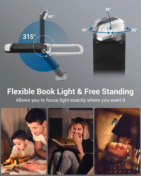 Amber Glow Clip On Book Light With 1800K Eye Care LED showing flexible angles and kids using in cozy settings