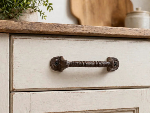 Hella Sturdy Cast Iron Drawer Pulls Set Of Ten Rustic Brown Cabinet Handles Measuring Five Half Inches Long with a detailed view on a drawer.