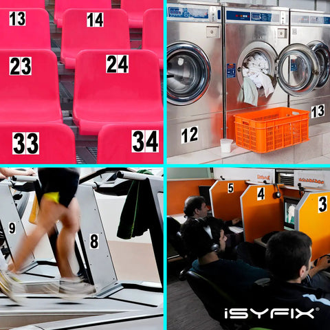 Collage of numbered seats, washing machines, treadmills, and arcade gaming stations with vibrant colors and bold numbers.