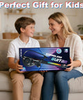 CL Funny Kids Electric Stringless Guitar With DJ Turntable And Lights, two people sitting on a couch holding the product box.