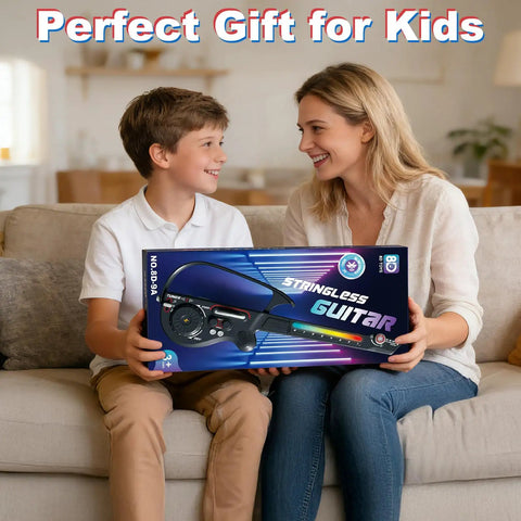 CL Funny Kids Electric Stringless Guitar With DJ Turntable And Lights, two people sitting on a couch holding the product box.