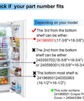 Open refrigerator door with highlighted crisper pan cover dimensions, sizes, and part numbers for replacement compatibility.