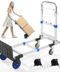 3 In 1 Aluminum Folding Hand Truck Dolly Cart with wheels up to 600 lbs capacity, woman pushing boxes on cart, blue accents, collapsible trolley