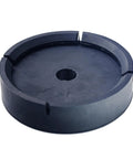 Trailer jack pad, black rubber with central hole and edge notches.