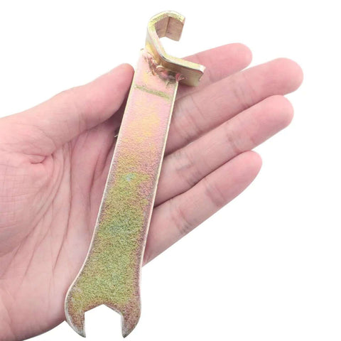 Hand holding a 2-Pack 2-In-1 Vent Duct Wrenches Set hook and angle wrench, 135mm galvanized for duct clamps and piping systems.