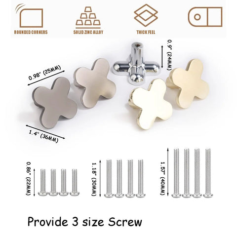 Cross Flower Cabinet Knobs And Drawer Pull Set In Polished Chrome Zinc Alloy Hardware For Cupboard Wardrobe Closet Bathroom 4 Pack With Three Screw Sizes For Easy Install showing knobs and screws