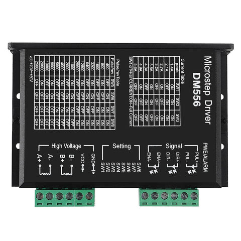 DM556 microstep driver module, front view; black enclosure with green terminal blocks for CNC stepper motors.