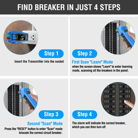 Go-To Circuit Breaker Finder Tool With Accessories, 90-135V Digital Breaker Locator, step-by-step usage instructions.