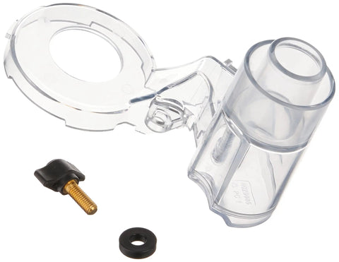 Dust Collection Adapter For Plunge Base Routers - Vacuum Attachment For Keeping Your Shop Clean And Dust Free On Compact Routers, Fits DWP611 And DNP616, Clear See-Through Housing, Easy Push-On Fit, Durable Plastic - Product shown with components including clear adapter, screw, and washer.