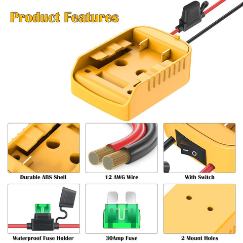 Dewalt 20V Battery Adapter For Power Wheels DIY Conversion Kit with switch, fuse, and wire terminals, showing features and connectors.