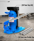 Tough As Nails Double Action Hydraulic Toe Jack with 20 tons top lift and 10 tons low-profile toe, designed for tight spaces.