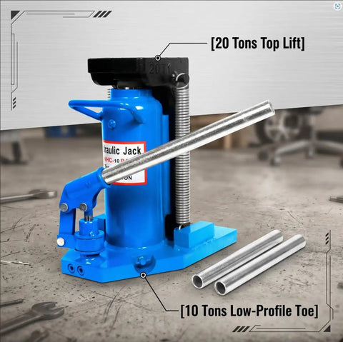 Tough As Nails Double Action Hydraulic Toe Jack with 20 tons top lift and 10 tons low-profile toe, designed for tight spaces.