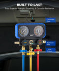 AC Manifold Gauge Set For R134a R12 R22 R502 With 5 Ft Hose hanging with labels for hook, aluminum alloy, pure copper