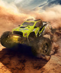 Green 1/10 Scale Brushless Beast Mode Fast RC Car for Adults, Off Road Monster Truck, kicking up dust on terrain.