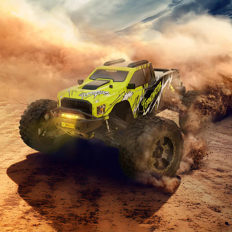 Green 1/10 Scale Brushless Beast Mode Fast RC Car for Adults, Off Road Monster Truck, kicking up dust on terrain.