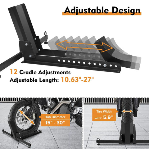 Heavy Duty Motorcycle Front Tire Chock For 15 To 30 Inch Wheels, Adjustable Wheel Stand With 1500 Lbs Capacity, High Grade Steel