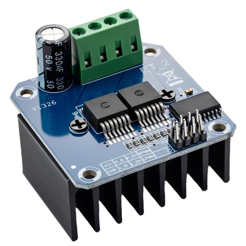 Two Pack BTS7960 43A High Power Motor Driver Module For DIYers, Hobbyists, Robots And RC Projects With 5V Logic Isolation, PWM Control, Heat Sink Ready, LED Indicator, Ground Pin, Solder Friendly Board mounted on heatsink