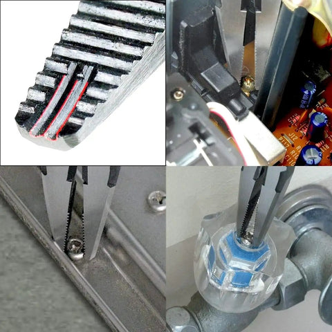 Close-up of 7 Point 5 Inch Stripped Screw Extractor Needle Nose Pliers Made In Japan used on various damaged fasteners.