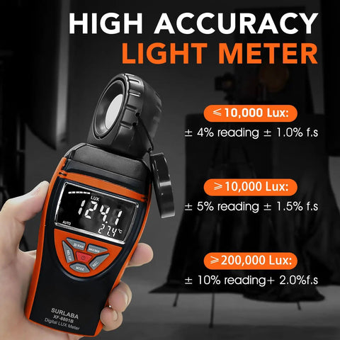 Ultra-Accurate Digital Light Meter 0.1 to 400,000 Lux With Temperature Sensor, Max Min Hold, 90 Degree Rotatable Sensor for Photography, Indoor Lighting, and Plant Growth handheld with digital display