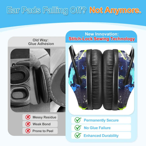 Comparison of Kids Noise Canceling Ear Muffs For Autism Sensory Relief with old glue adhesion vs new stitch-lock technology