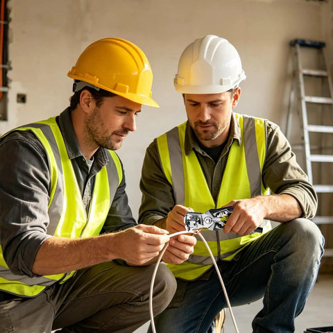 Two electricians using a Heavy Duty Multifunctional Wire Stripper Tool For Electricians No Change Peeling Pliers on copper cable.