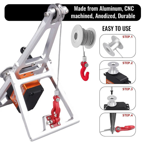 One Tenth Scale RC Tow Rig Crane Kit For Crawler Rigs Beefed Up Heavy Duty Winch Stent Wrecker With Trailer Hook in silver.