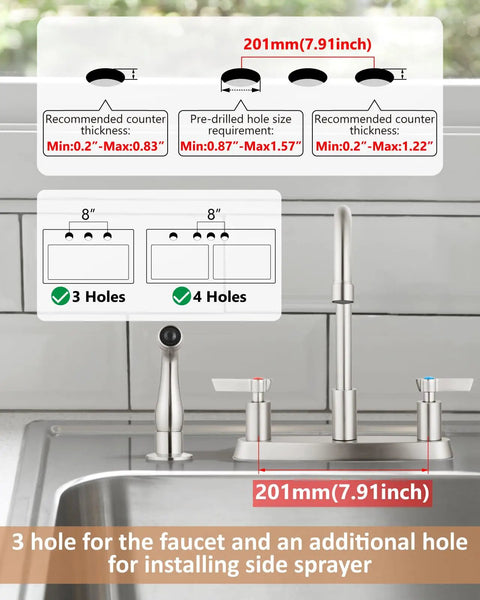 Installation guide for Two Handle High Arc Kitchen Faucet With Side Sprayer In Slick Brushed Nickel Finish detailing hole requirements.