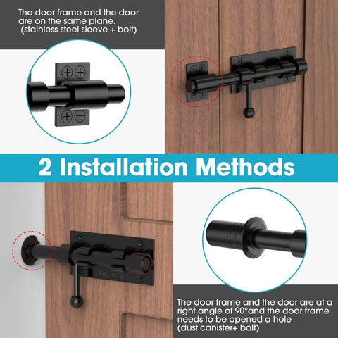 6.3 Inch Beefy Heavy Duty Barrel Bolt Gate Latch in Solid 304 Stainless Steel with Black Finish shown in two installation methods on wooden door.