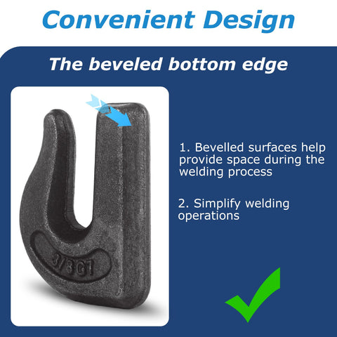 10 Piece Go-To Weld On Chain Grab Hook Set 3/8 Inch Grade 70 Forged Heavy Duty Weldable Hooks For Cars, Tractors, Forklifts, Trailers And Rigging, 6600 Lb Working Load Limit, showing a beveled edge detail for easier welding.