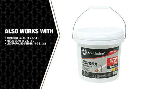 Half Inch Romex Metal Staples 5000 Count Bucket For Securing NM And UF Cable To Wood Studs With Recessed Heads And Sharp Tips Ideal For Attics Basements And Stud Framing Projects That Need Quick Secure Cable Fastening