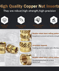 Image of 350 Pcs Brass Heat Set Threaded Inserts Kit For Plastic And 3D Printing M2 To M6, highlighting knurled outer grip.