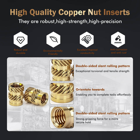 Image of 350 Pcs Brass Heat Set Threaded Inserts Kit For Plastic And 3D Printing M2 To M6, highlighting knurled outer grip.