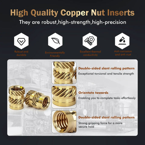 Solid Brass Heat Set Nuts M6 Metric Threaded Inserts 50 Piece Heavy Duty Kit displaying high quality copper nut inserts.
