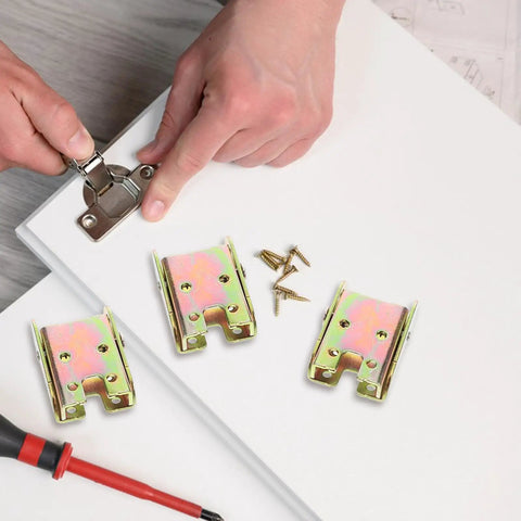 Four Sets Golden Metal Folding Cabinet Door Hinges 90 Degree Self Locking Mechanism shown during installation on white board.