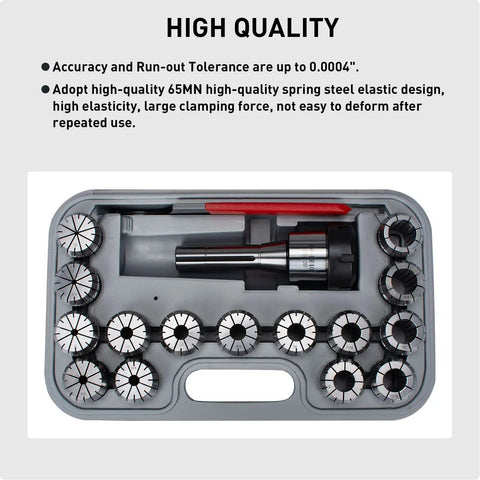 R8 ER40 Collet Holder Chuck Kit With 15 ER40 Collets For Milling Machines in a secure plastic case with red tool