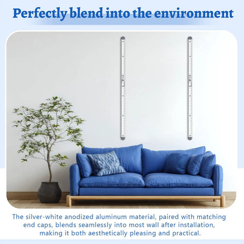 Adjustable Aluminum Wall Mount Fitness Anchor System With Two 40 Inch Rails For Home Gym And Garage Badass Space Saving Pull Up Bars mounted beside blue sofa.