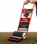 12 Inch Sticker Burr Roller Tool For Yard Cleanup Easy Push Away Goatheads And Grass Burs From Driveways Cars And Shoes Keeping Pets Safe With Innovative Foam Roller Design No More Sticky Mess with red handle on grassy area.