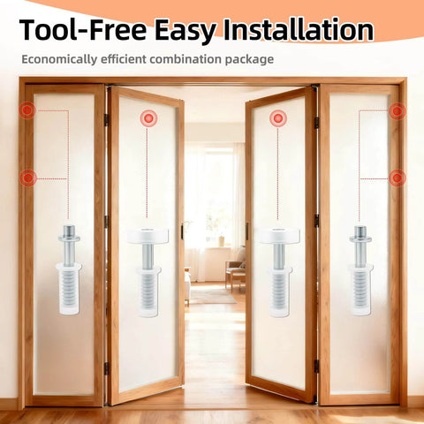 8-Piece Bi-Fold Door Hardware Kit With Top Roller Guide And Top Pivot For Spring Loaded Bifold Doors, Sliding Closet Barn Shower Doors, Durable Nylon And Stainless Steel Components, Weatherproof Construction diagram on bifold door