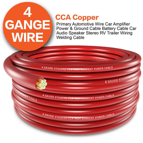 Heavy Duty 4 Gauge Car Audio Wire Kit 25ft Red And Black CCA Copper Clad Aluminum Power And Ground Cable With 20 Lugs Connectors And 20 3 To 1 Heat Shrink Tubing For Amp Install, red coiled wire