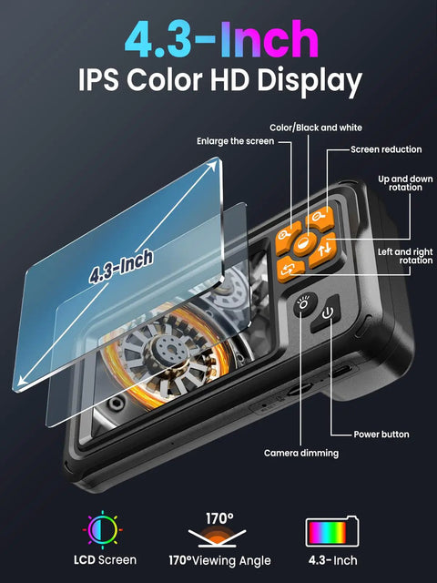 Endoscope Camera With Light Pro Grade Dual Lens 4.3 Inch IPS Screen 1080P HD Borescope close-up of 4.3-inch LCD display and controls