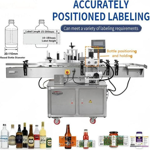WZLOIUNHZ Automatic Positioning Labeler For Round Bottles Cans Jars, label height up to 180 mm, designed for precise labeling applications.