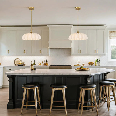 Zobawlks Pendant Lights Kitchen Island: Mid-Century Hanging Light above black kitchen island with gold accents.