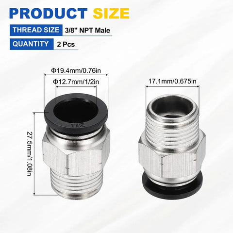 2 Pack Push To Connect Fittings One Half Inch Tube To Three Eighths Inch NPT Male Quick Connect Air Line Adapters