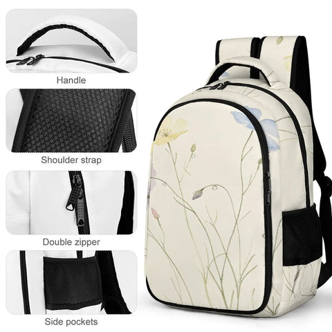 Dope Multi Shade Wildflowers Printed Backpack for unisex, detailed view showing handle, shoulder strap, double zipper, and side pockets.