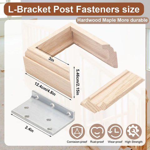 L-bracket post fasteners size for Heavy Duty 3 Inch Newel Post Mounting Kit With Solid L Bracket Fasteners Maple Wood.