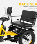 Back seat of Two Seater Adult Electric Trike With 750 Watt Rear Motor And Chunky Fat Tires, adjustable headrest for comfort.