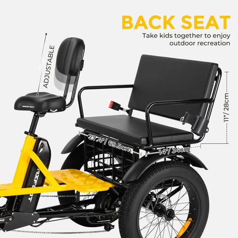 Back seat of Two Seater Adult Electric Trike With 750 Watt Rear Motor And Chunky Fat Tires, adjustable headrest for comfort.
